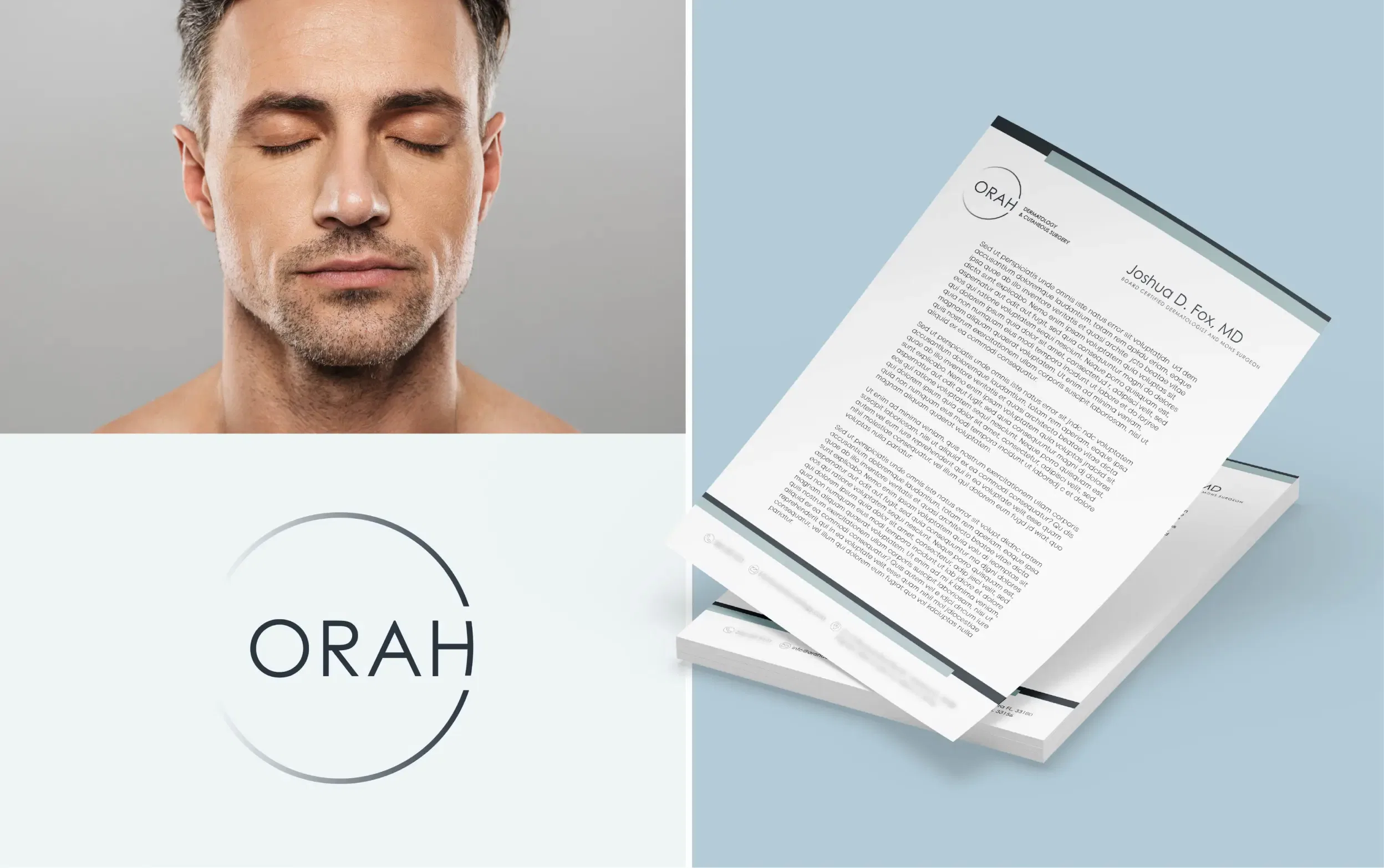 Relaxed man with closed eyes beside Orah skincare brochure.