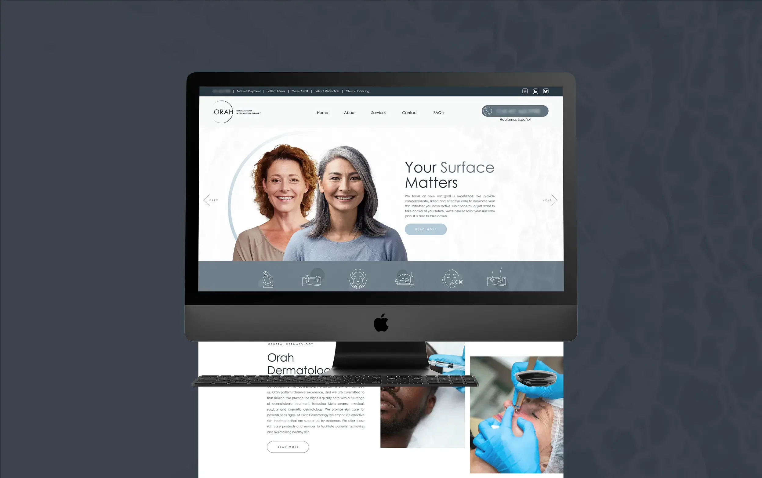 Website design displayed on a desktop monitor against a dark background.