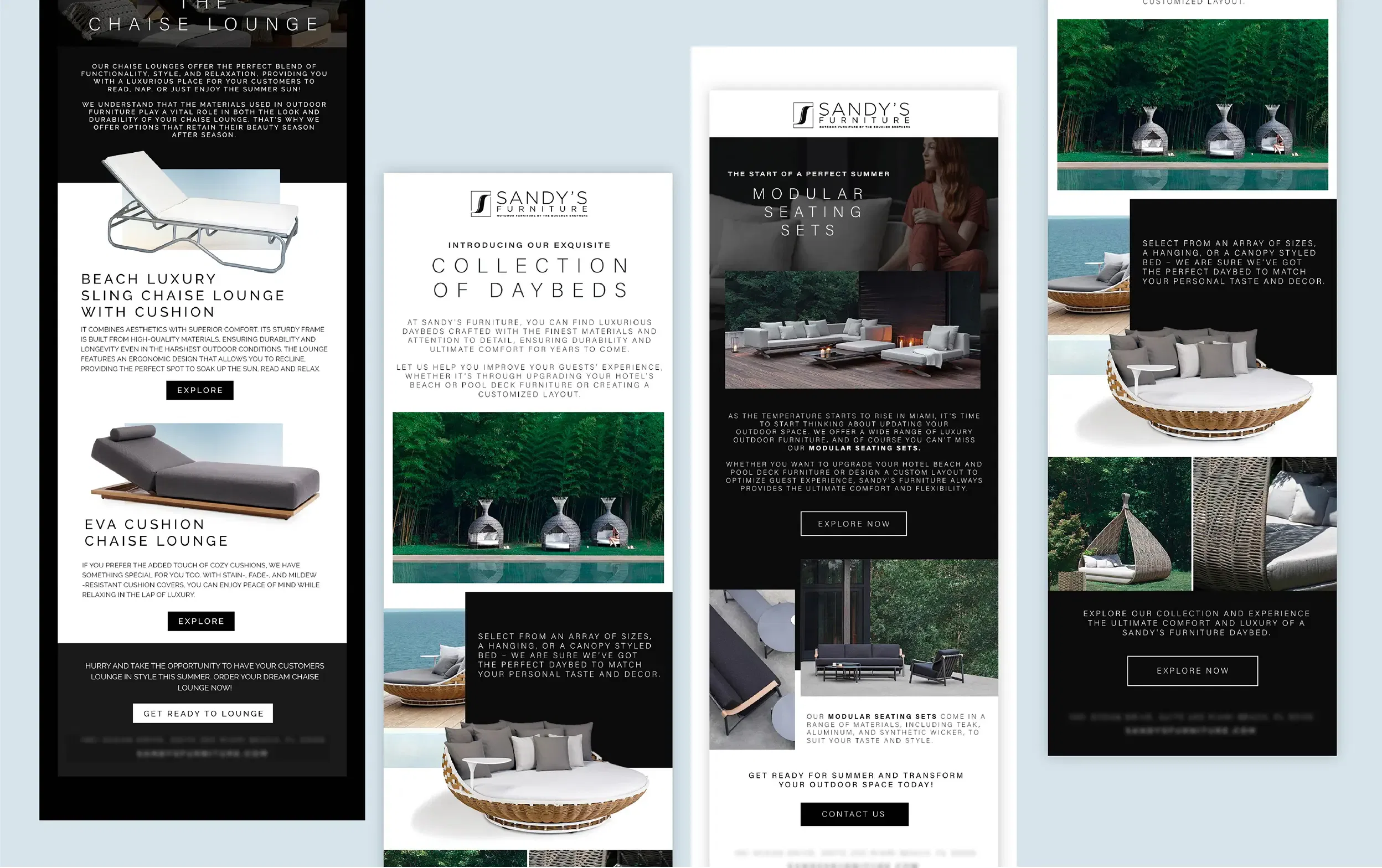 Stylish furniture catalog showcasing luxurious lounge and daybed designs in various stunning outdoor settings.