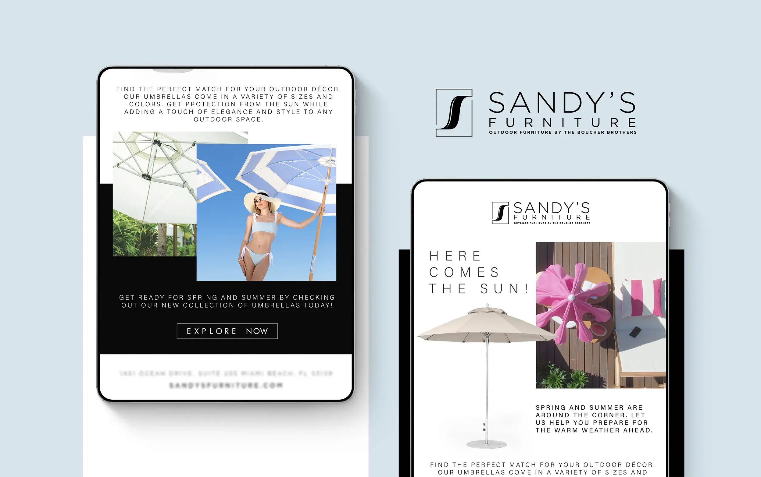 Sandy's Furniture outdoor umbrellas and lounging area in a sunny garden setting.