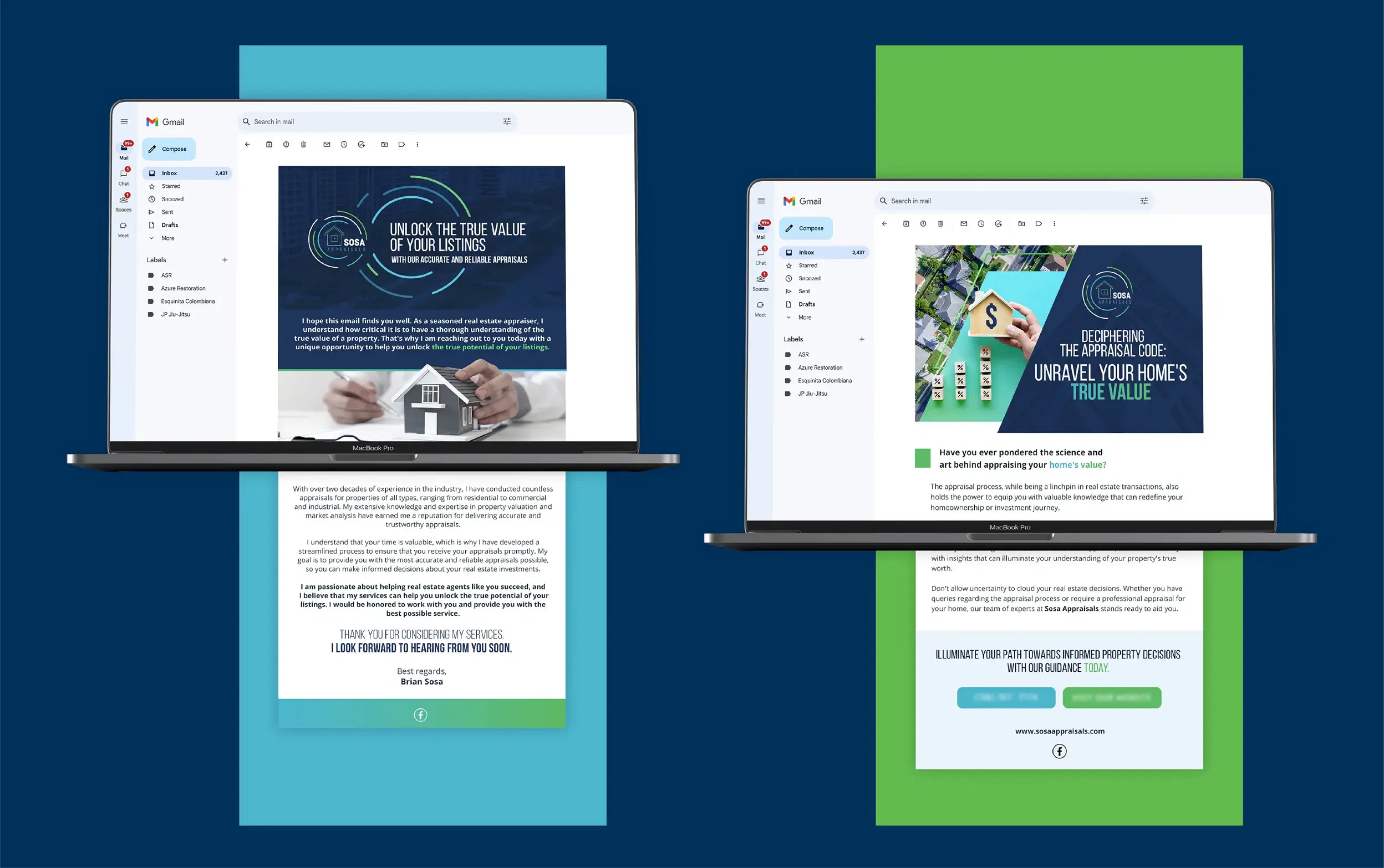 Dual screens displaying financial software interfaces against a blue and green background.