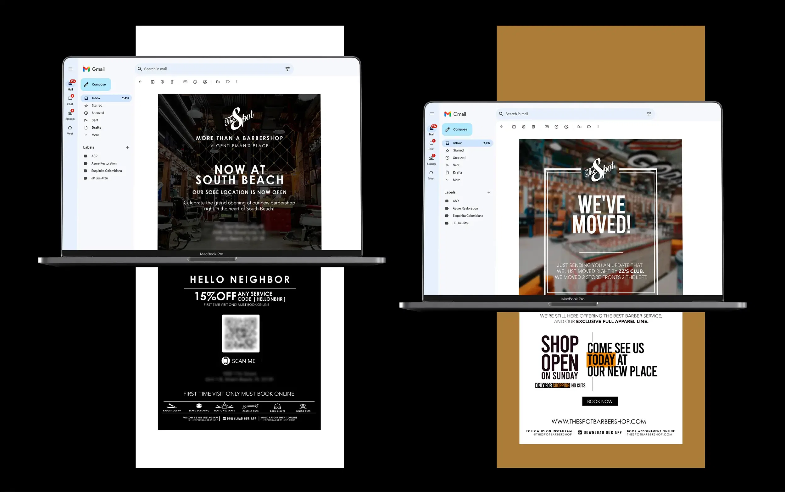 Two overlapping web pages on laptop screens with text about store openings.