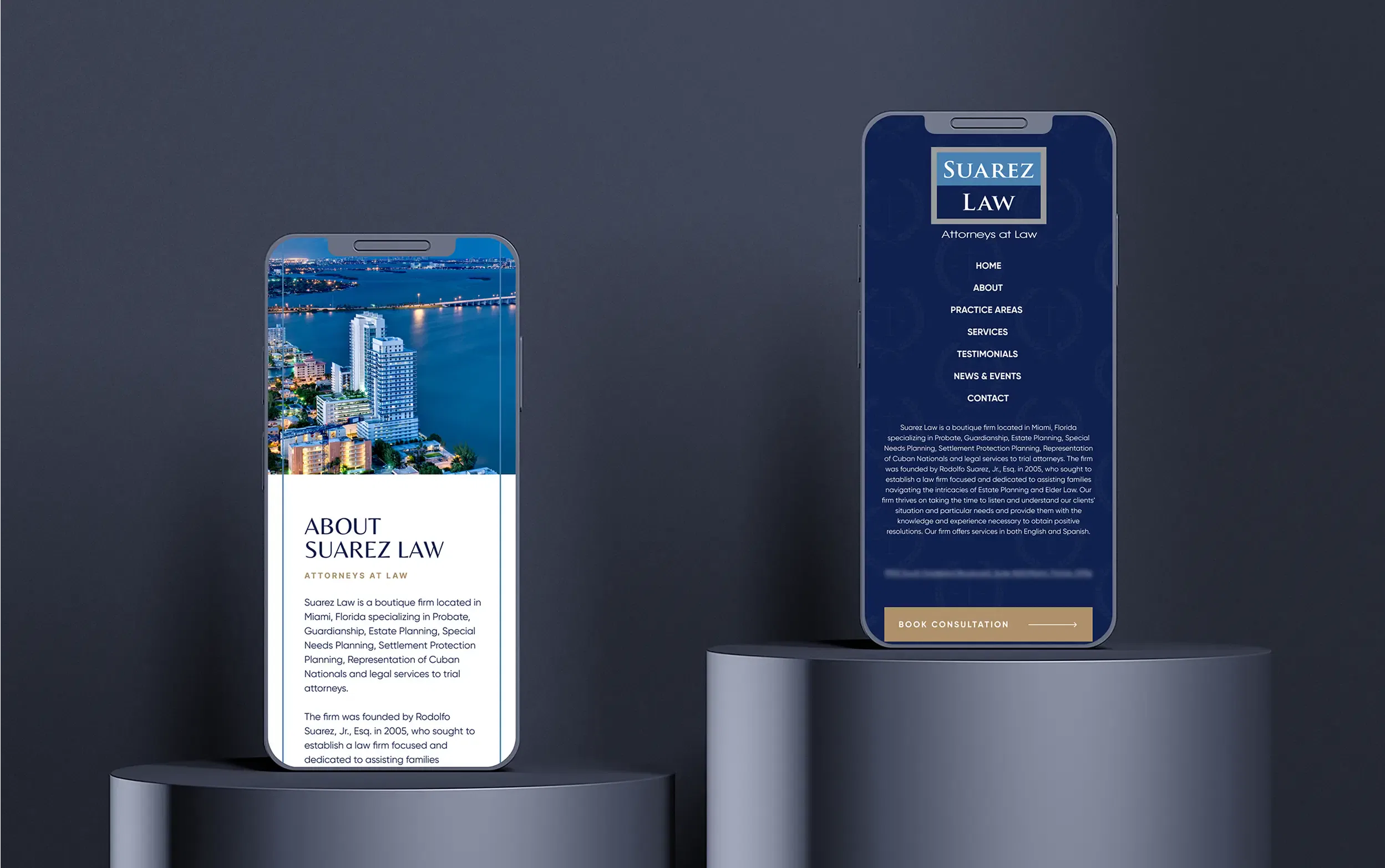 Two smartphones display the Suarez Law firm website, showcasing modern design and concise legal information.