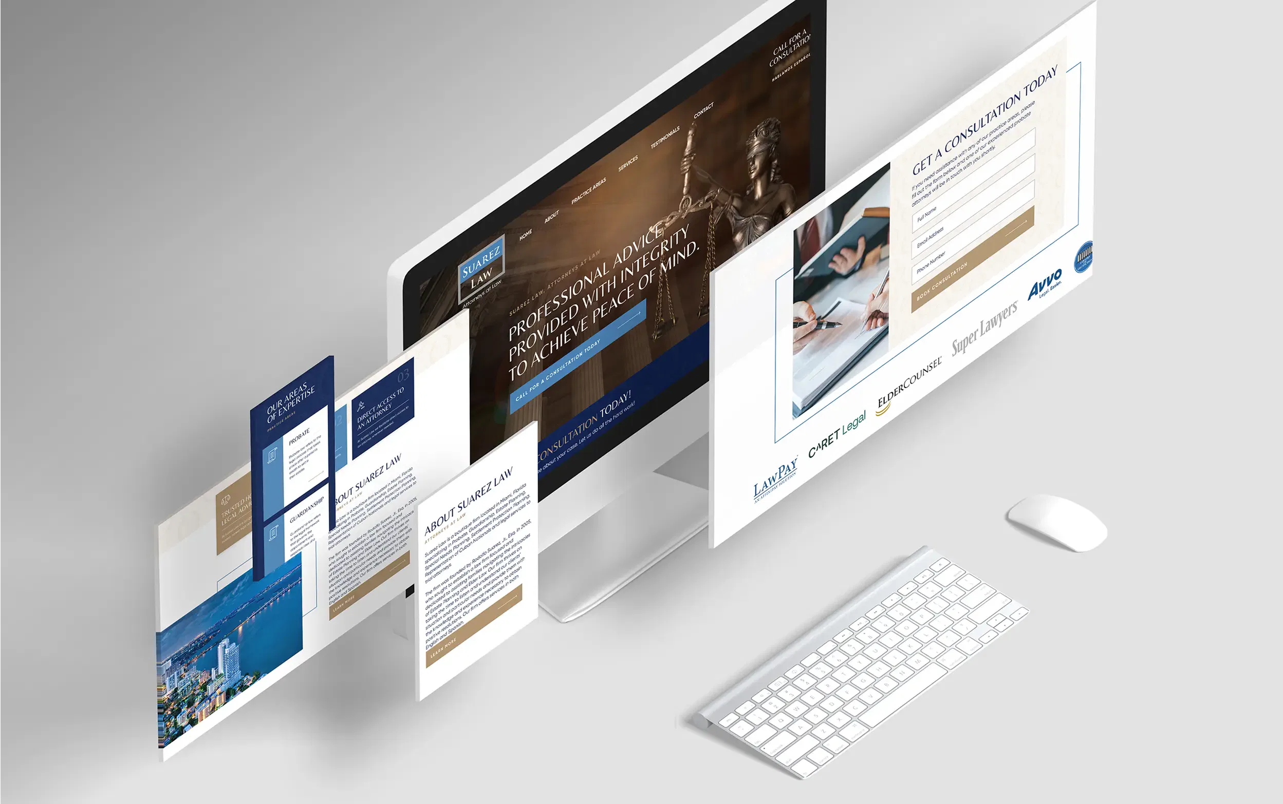 Digital marketing website designs displayed on a computer screen with floating web pages.