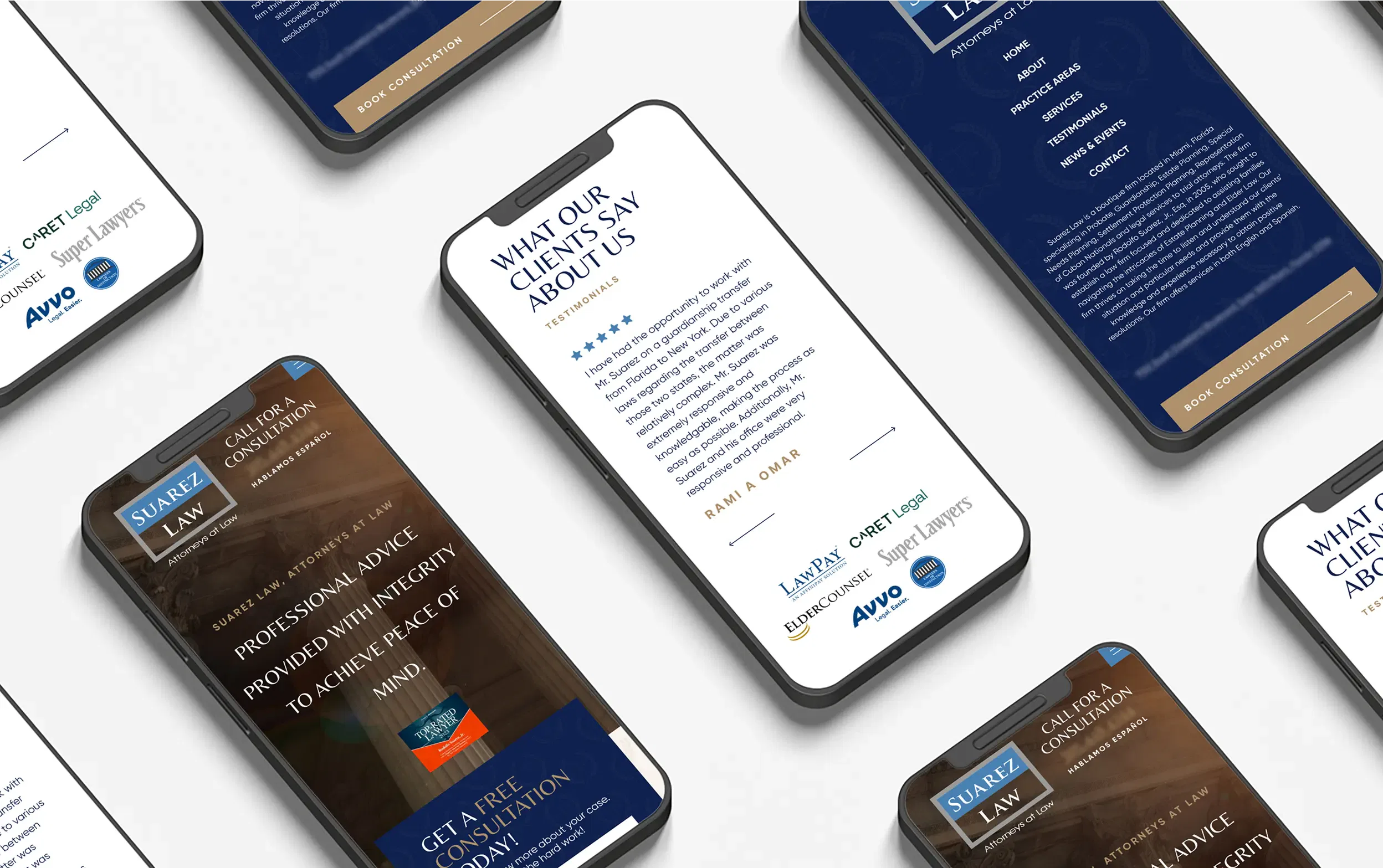 Mobile devices displaying a sleek tech website design with dark blue and white elements.