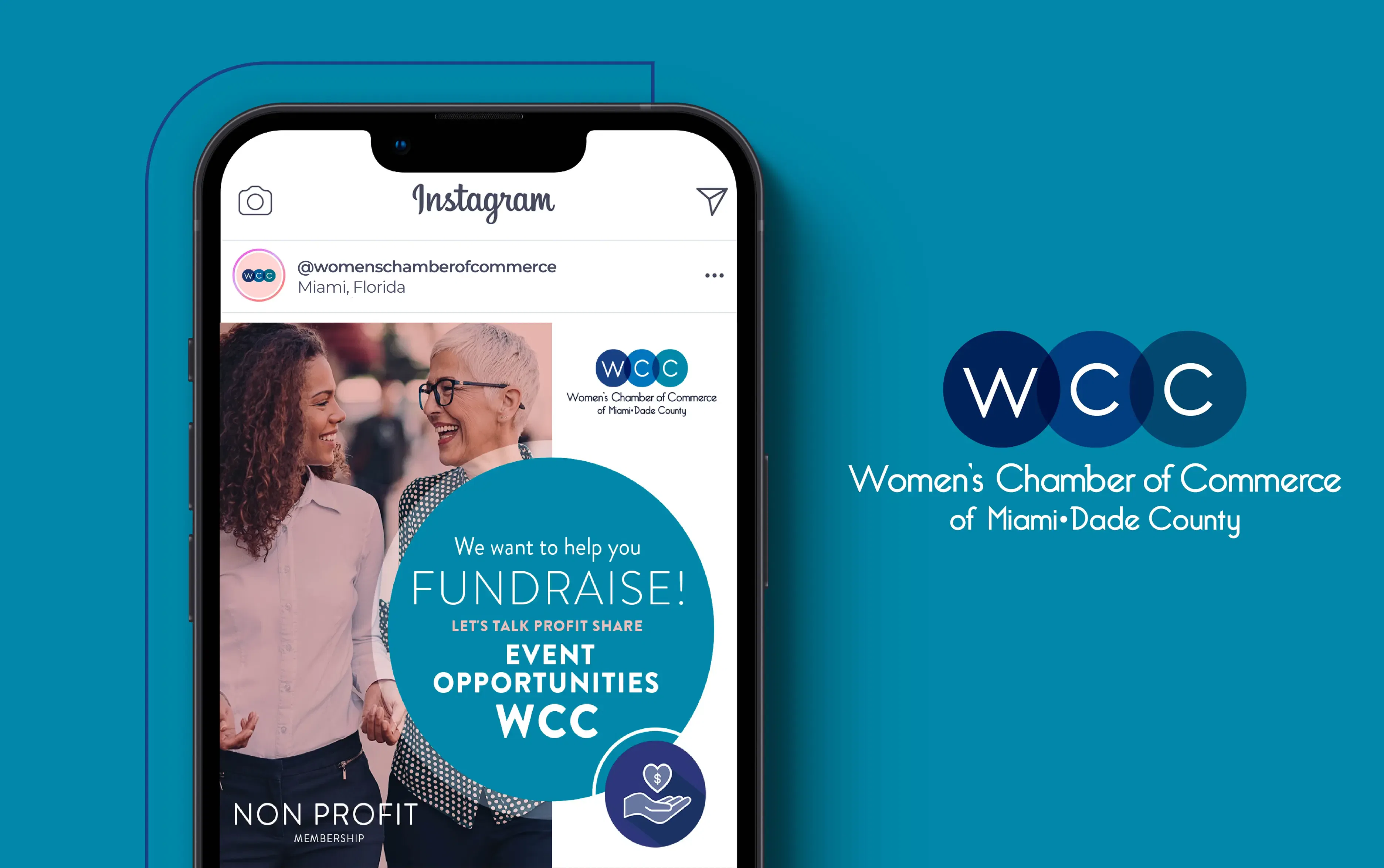 Smartphone displaying an Instagram post from Women's Chamber of Commerce of Miami-Dade County.