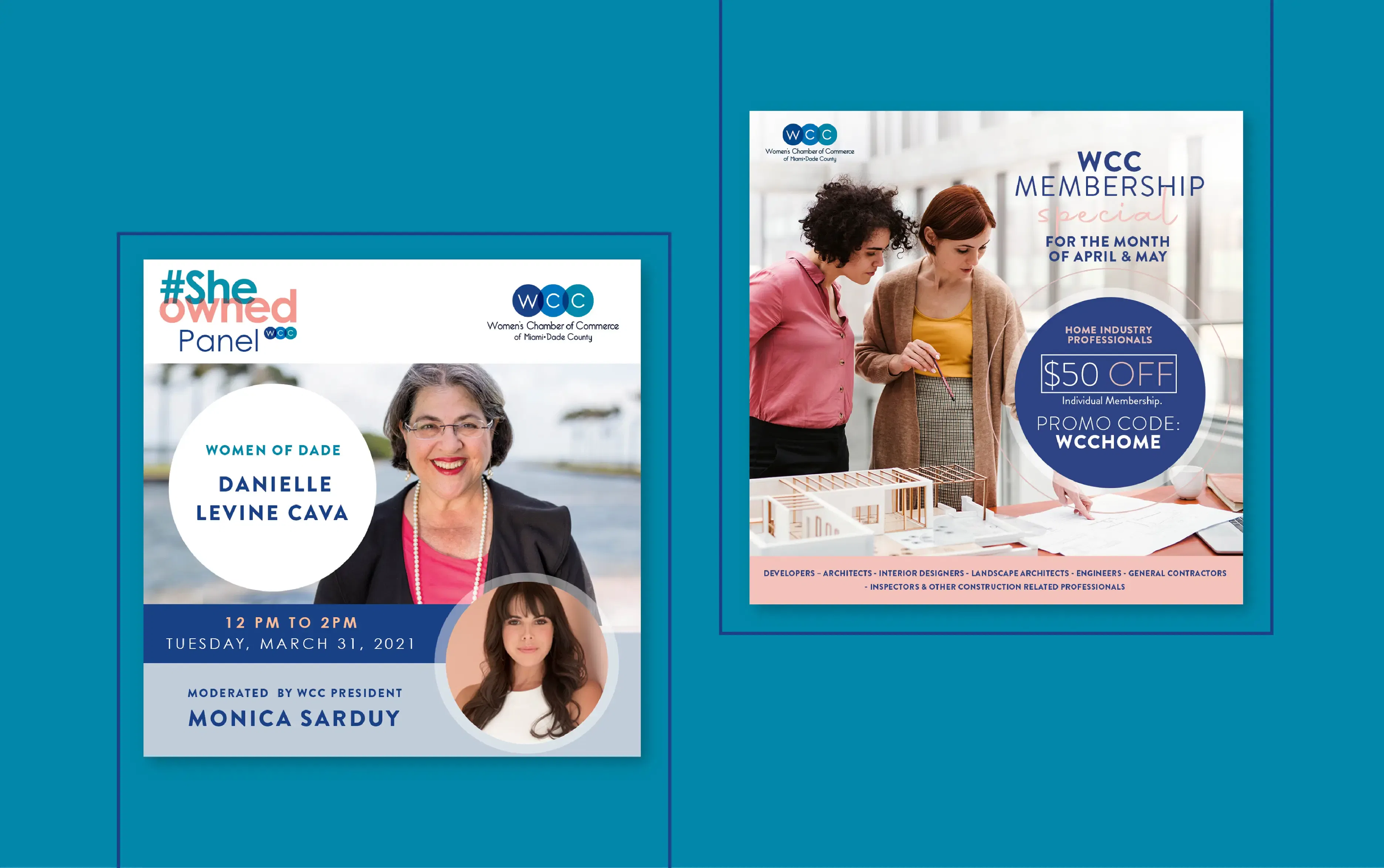 Promotional banners for WCC event and membership offer with images of speakers.