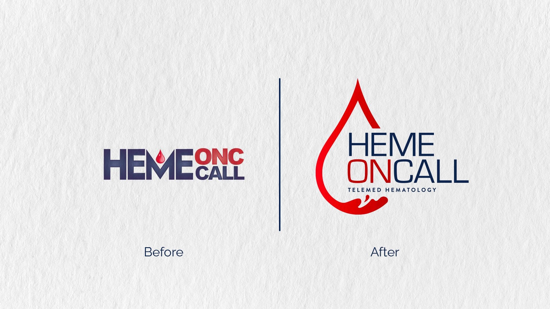 Logo transformation showing the redesign of Heme Onc Call to Heme On Call with a striking blood drop symbol.