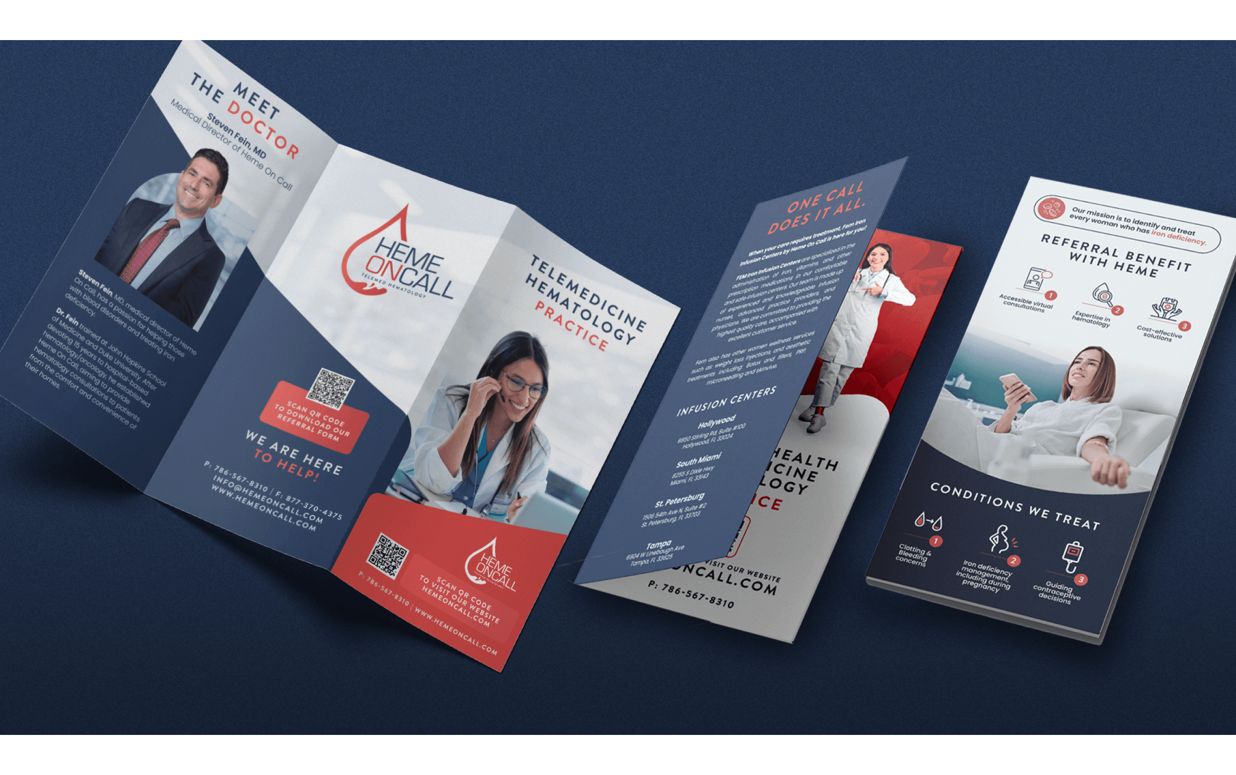 Medical brochures displayed on a blue surface highlighting healthcare services and doctor profiles.