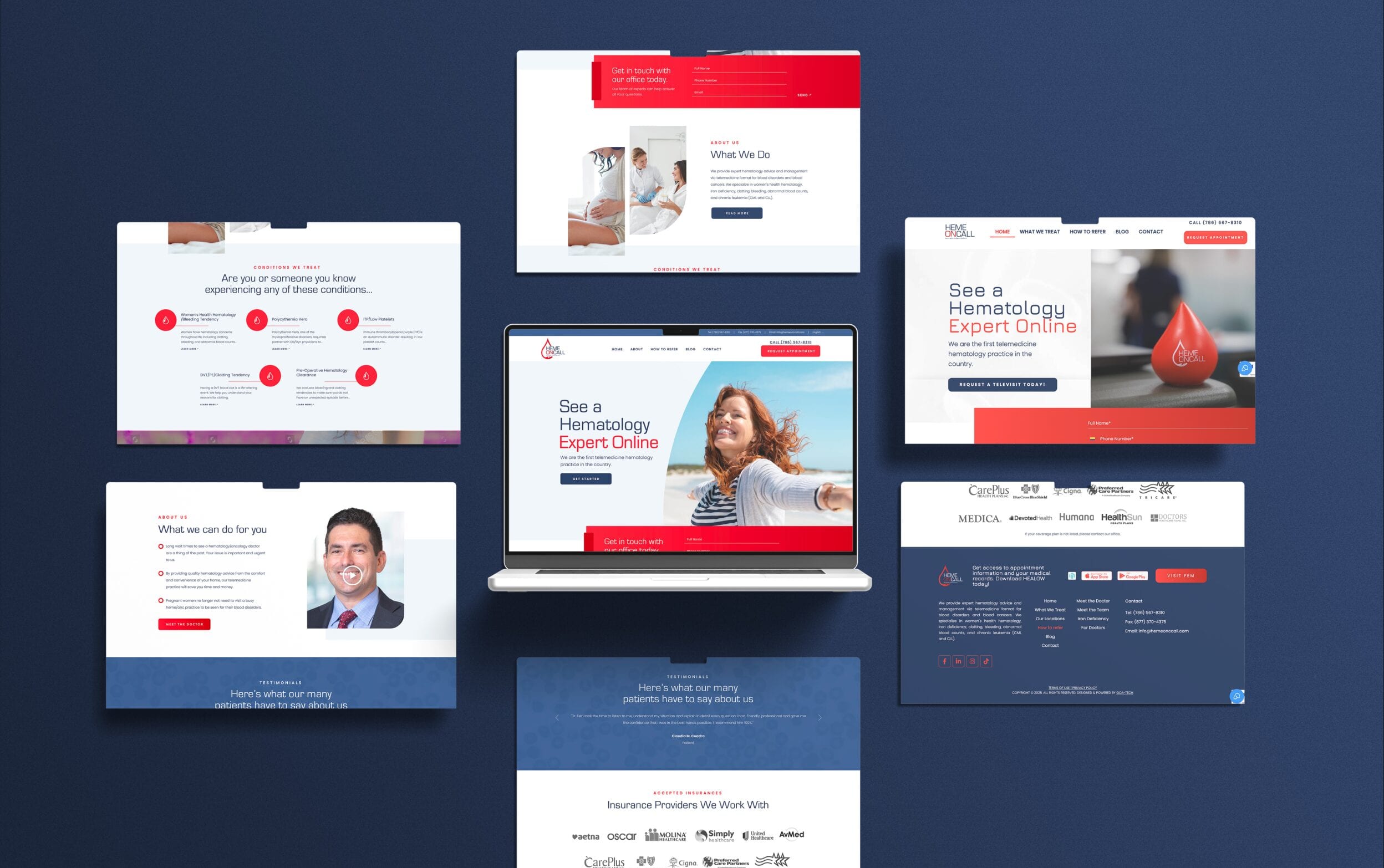 Laptop displaying various engaging website designs on a blue background.