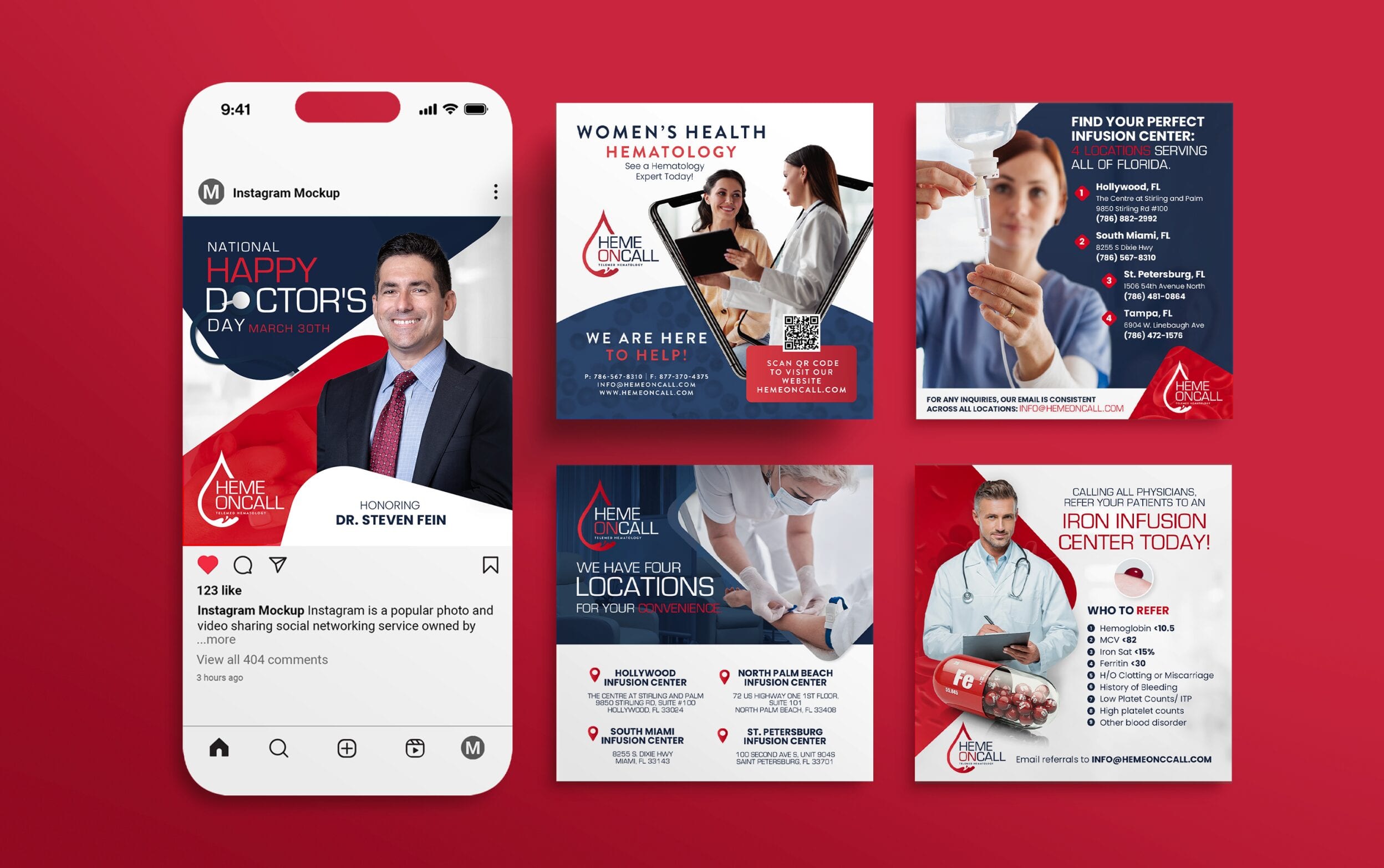 Medical professionals and advertisements for a health clinic with red accents.