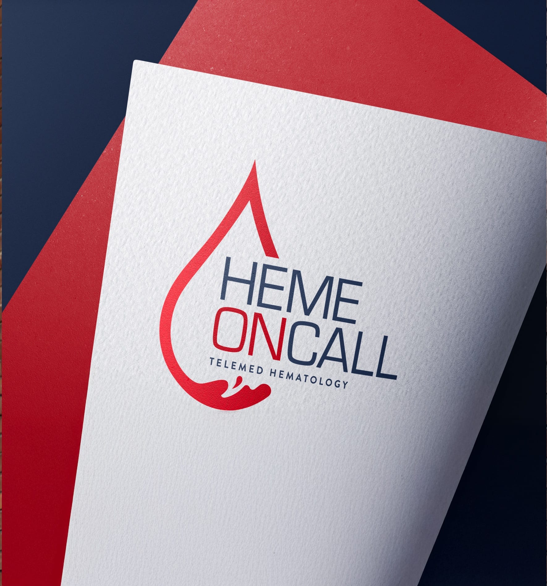 Heme On Call logo on abstract background featuring red and blue geometric shapes.