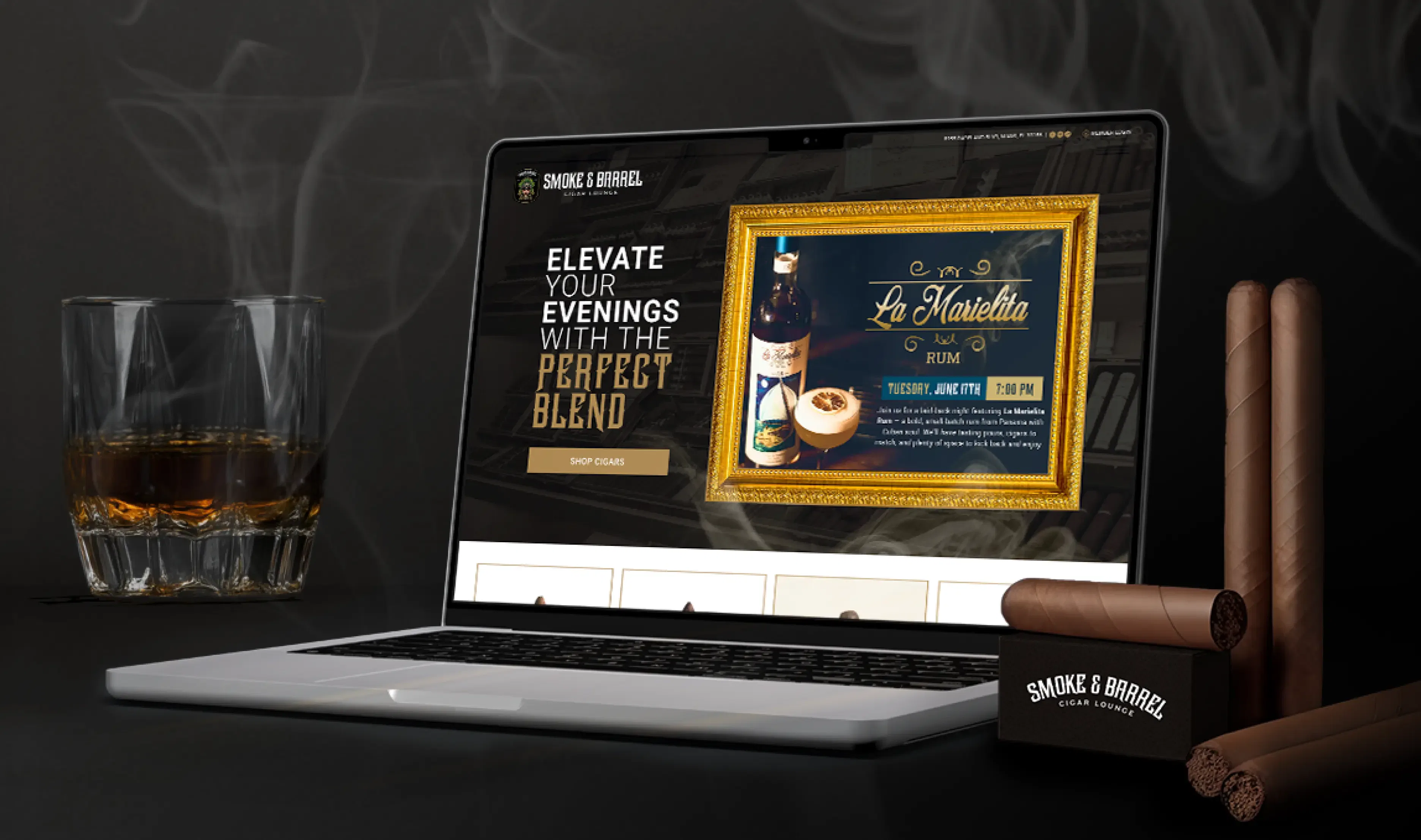 Laptop displaying a cigar advertisement with a glass of whiskey and cigars on a table.