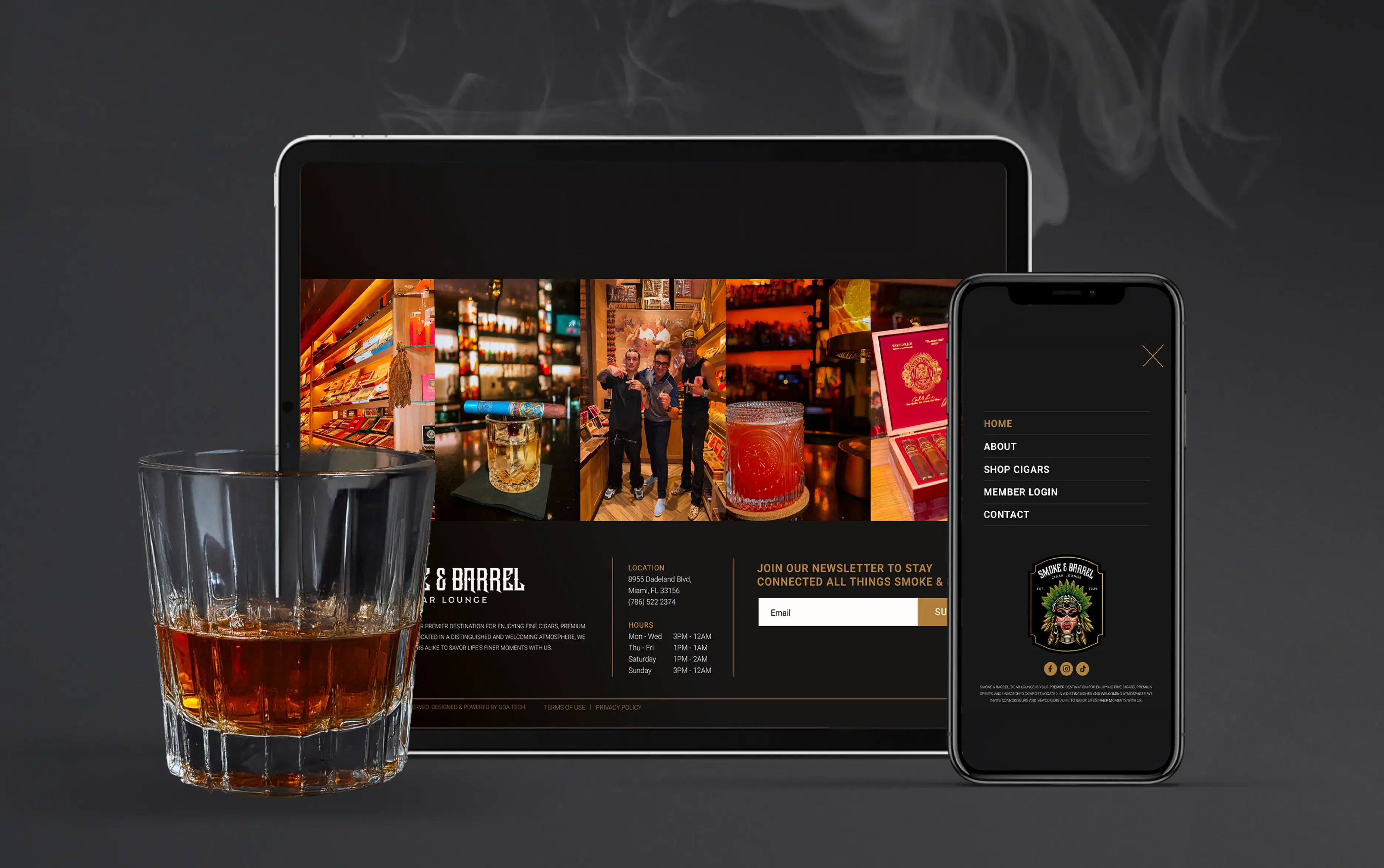 Digital display with whiskey glass, showcasing a sophisticated online menu on tablet and phone.