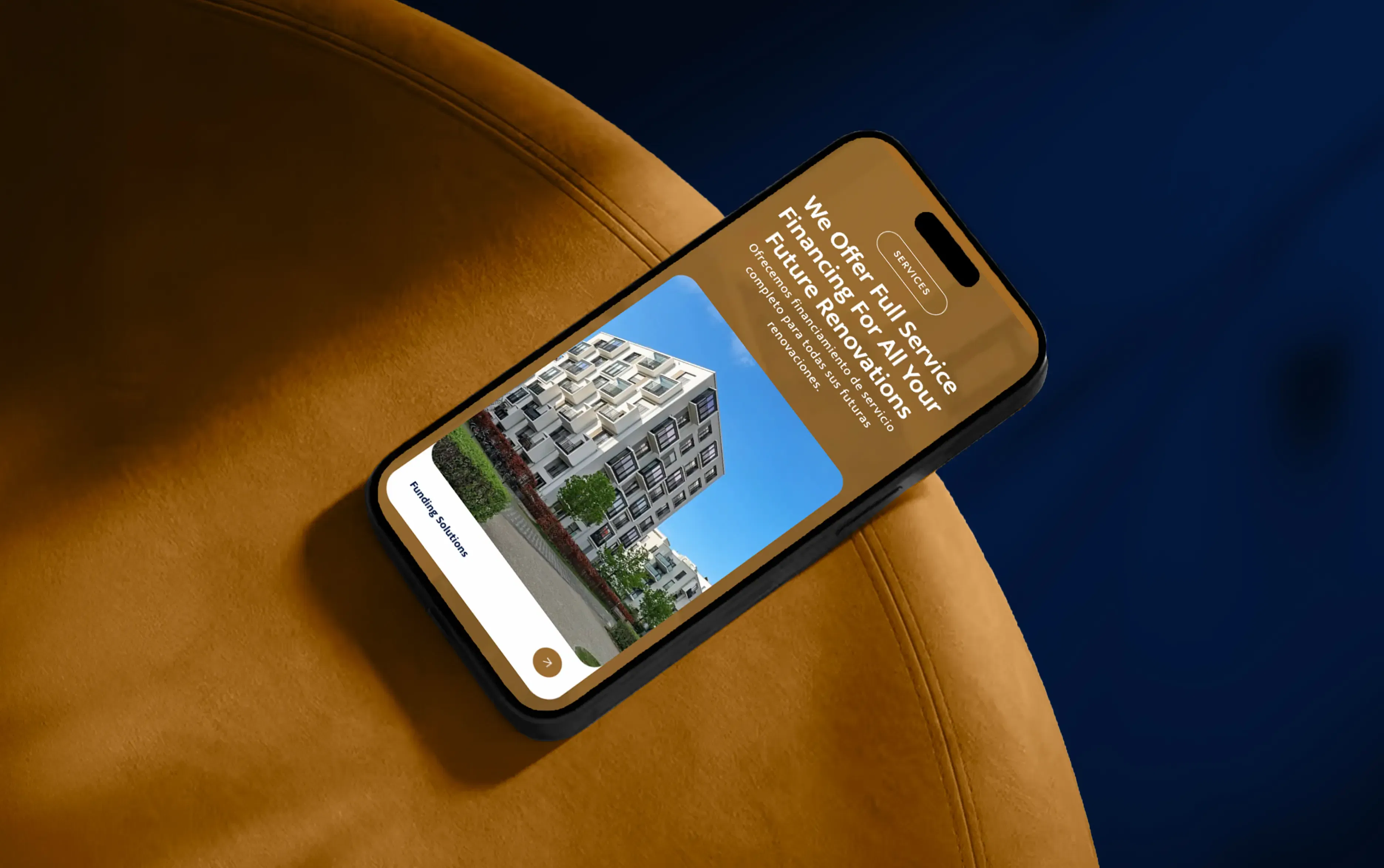 Smartphone displaying a real estate advertisement with a modern building on a brown background.