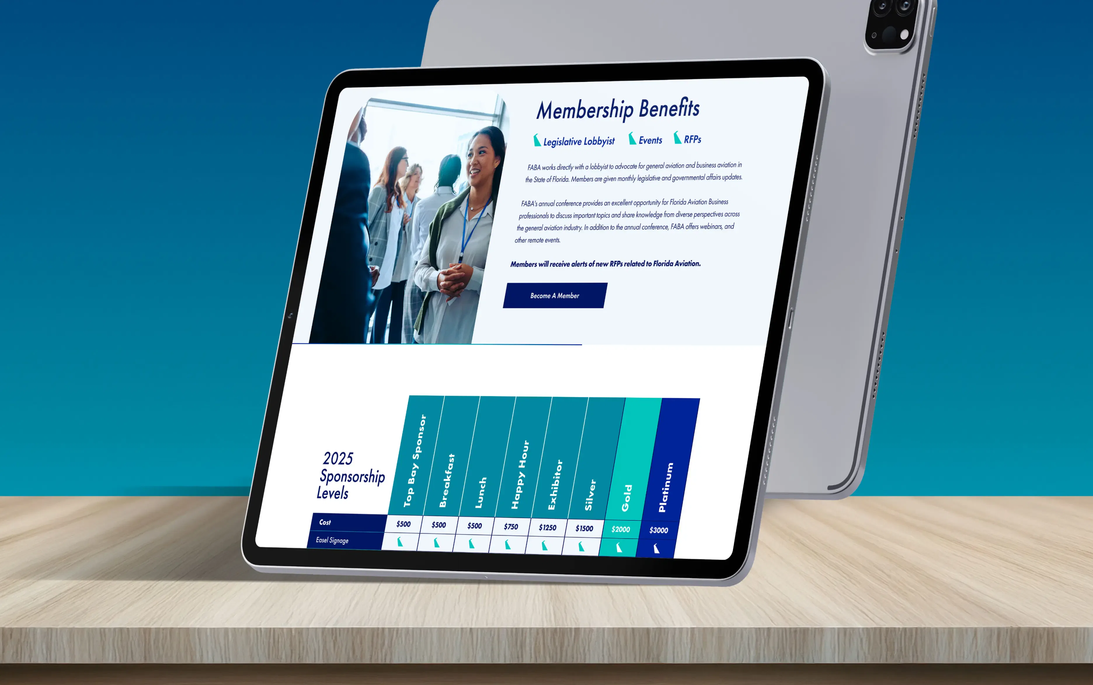 A tablet displaying a website on membership benefits, showcasing business professionals in a digital setting.