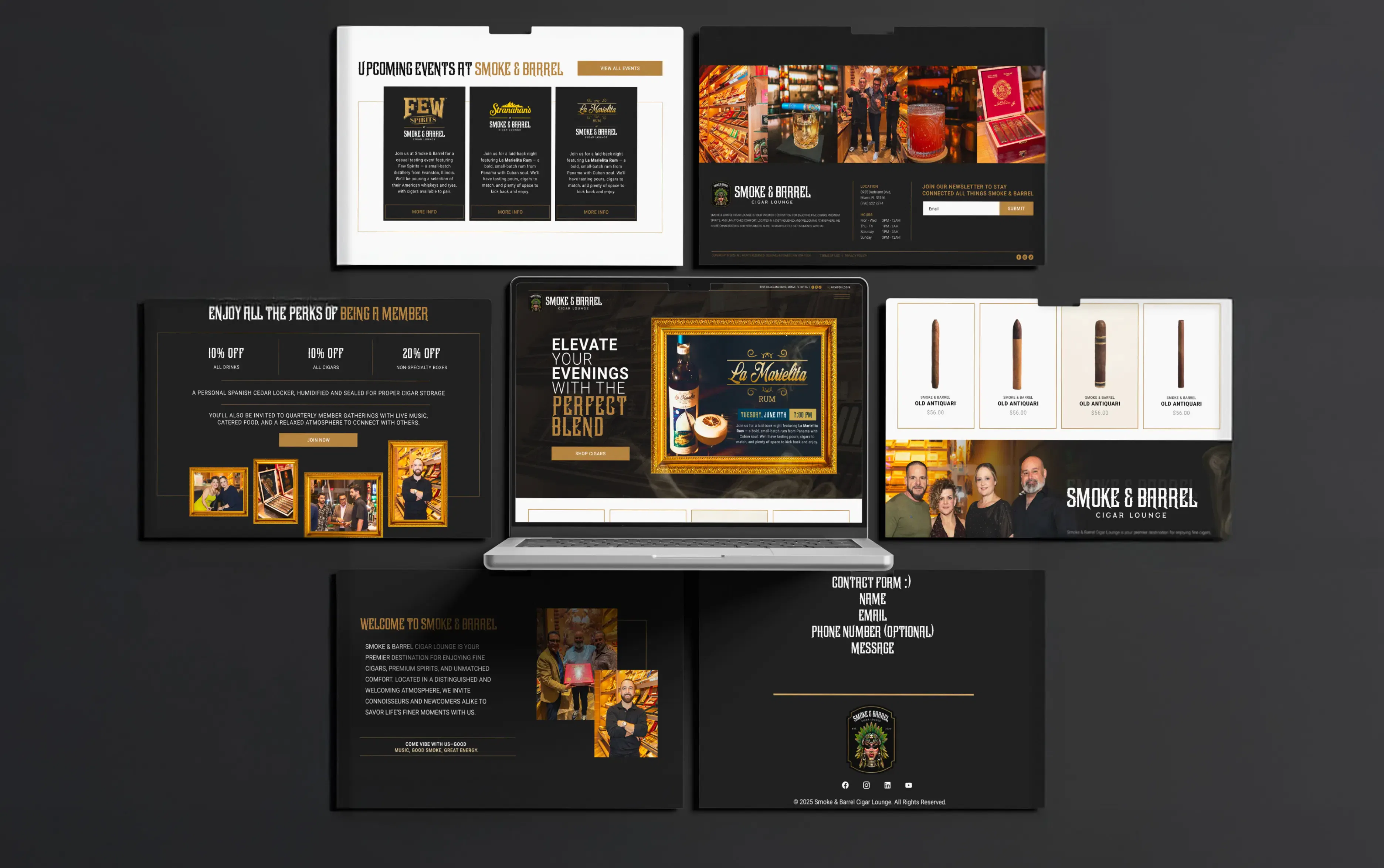 Laptop with multiple digital marketing screens displaying vibrant culinary and beverage promotions.