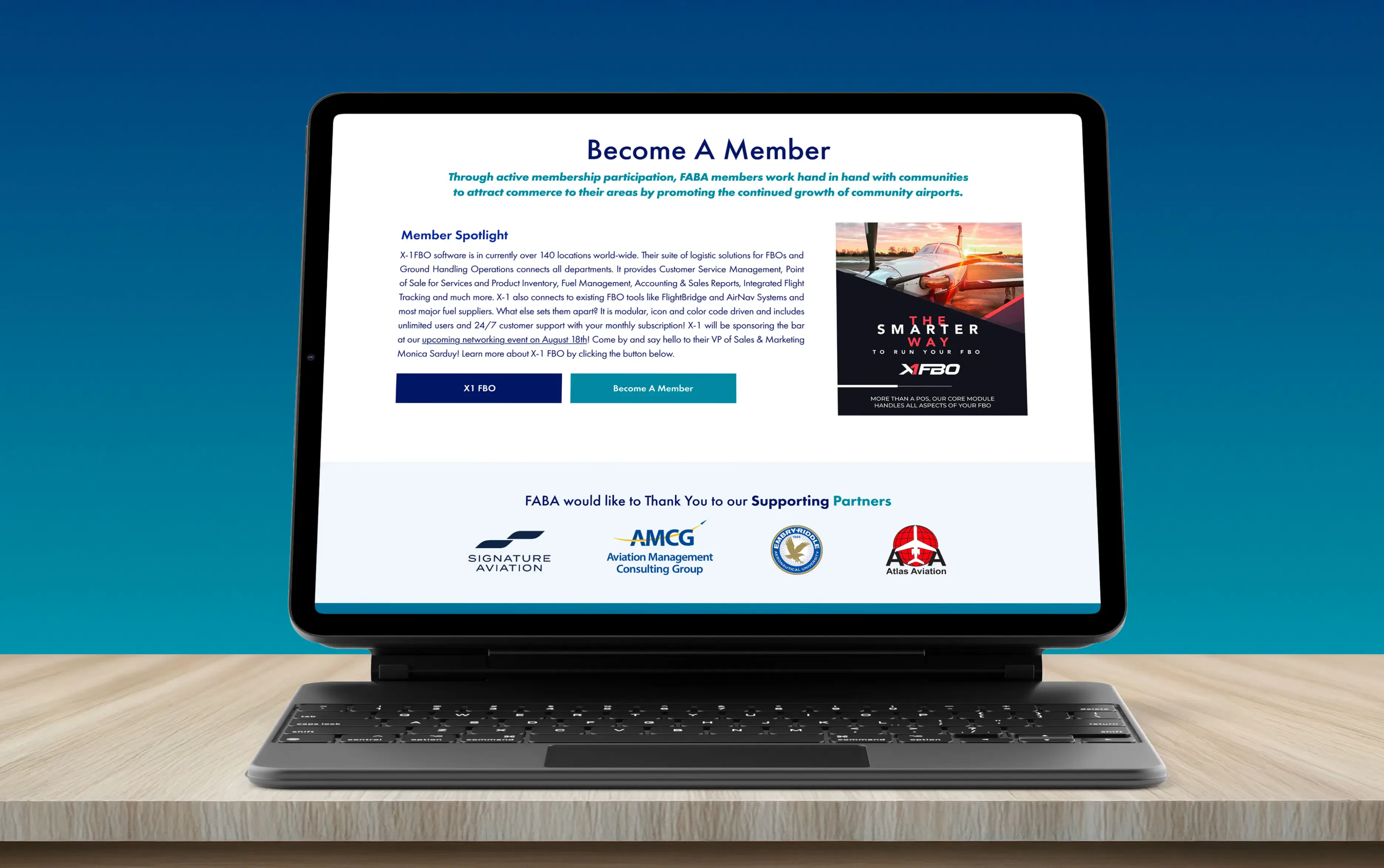 Tablet displaying a membership webpage with a blue gradient background.