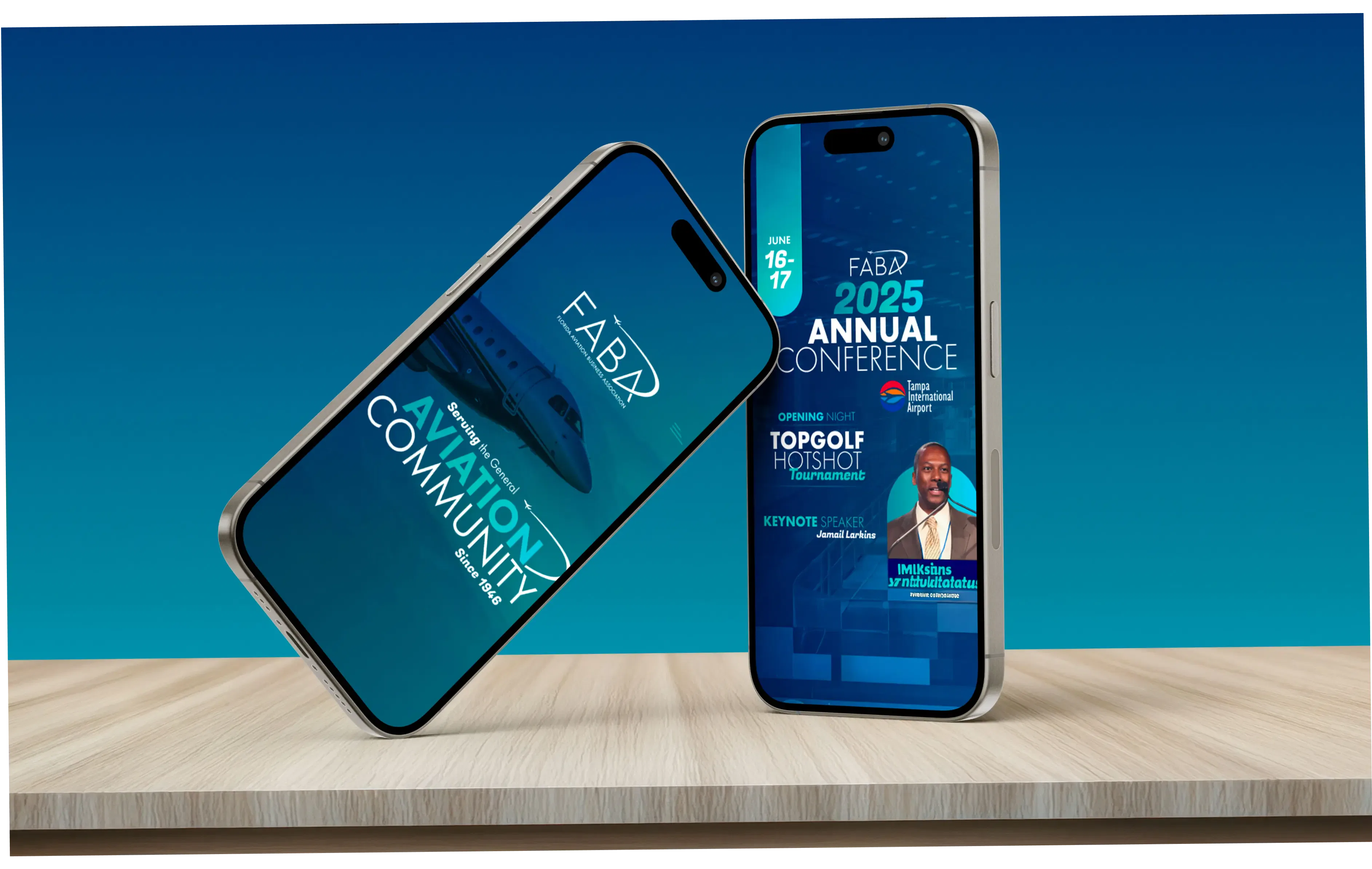 Two modern smartphones display a vibrant conference advertisement with a sleek wooden surface.