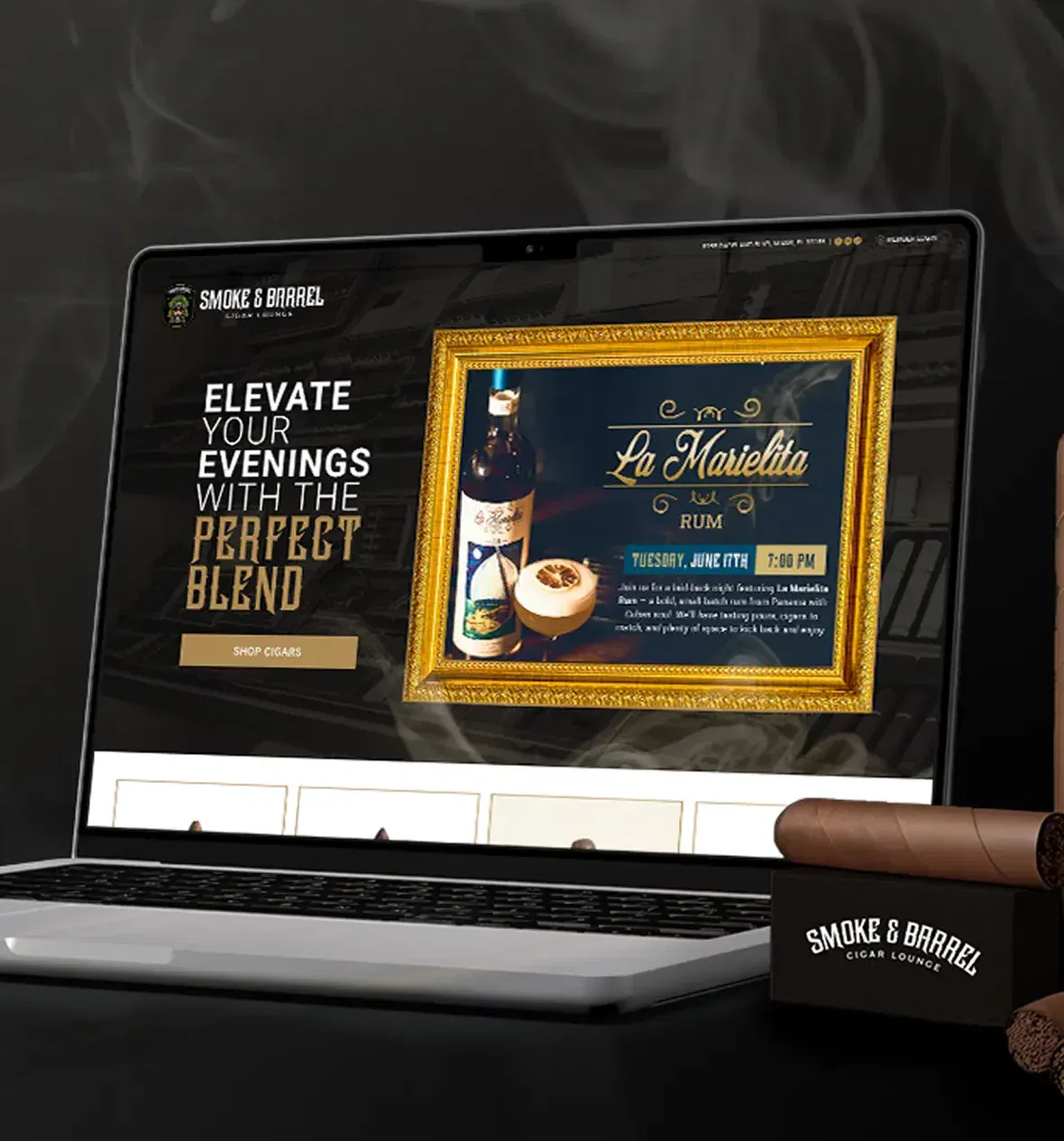 Laptop displaying Smoke & Barrel event poster with cigar and drink theme.