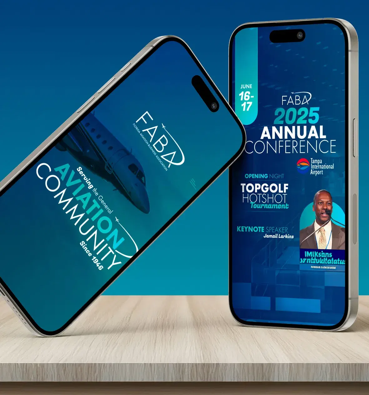 Smartphone display showing aviation community app and conference details.