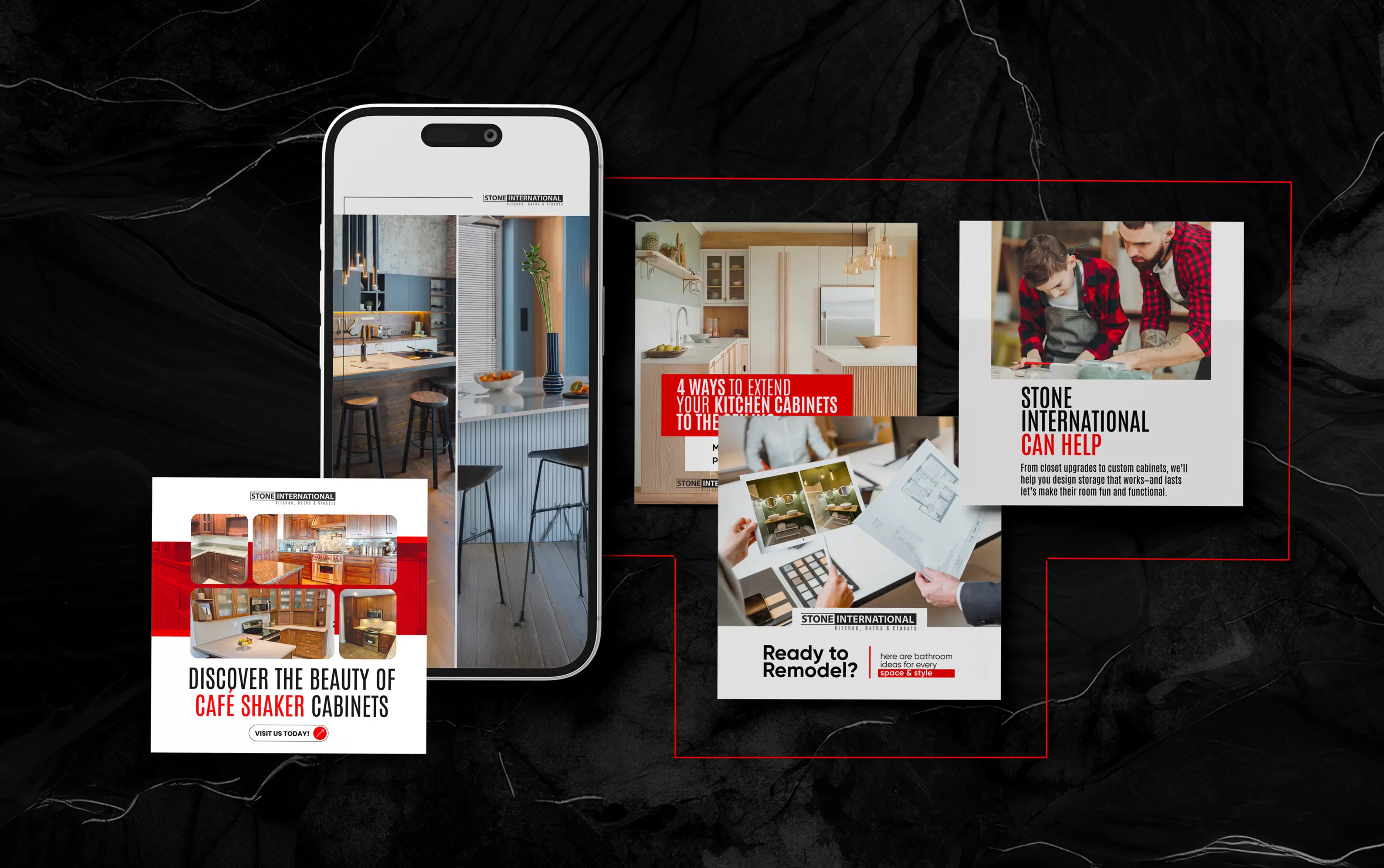Smartphone and brochures showcasing stylish home interiors and design inspirations.