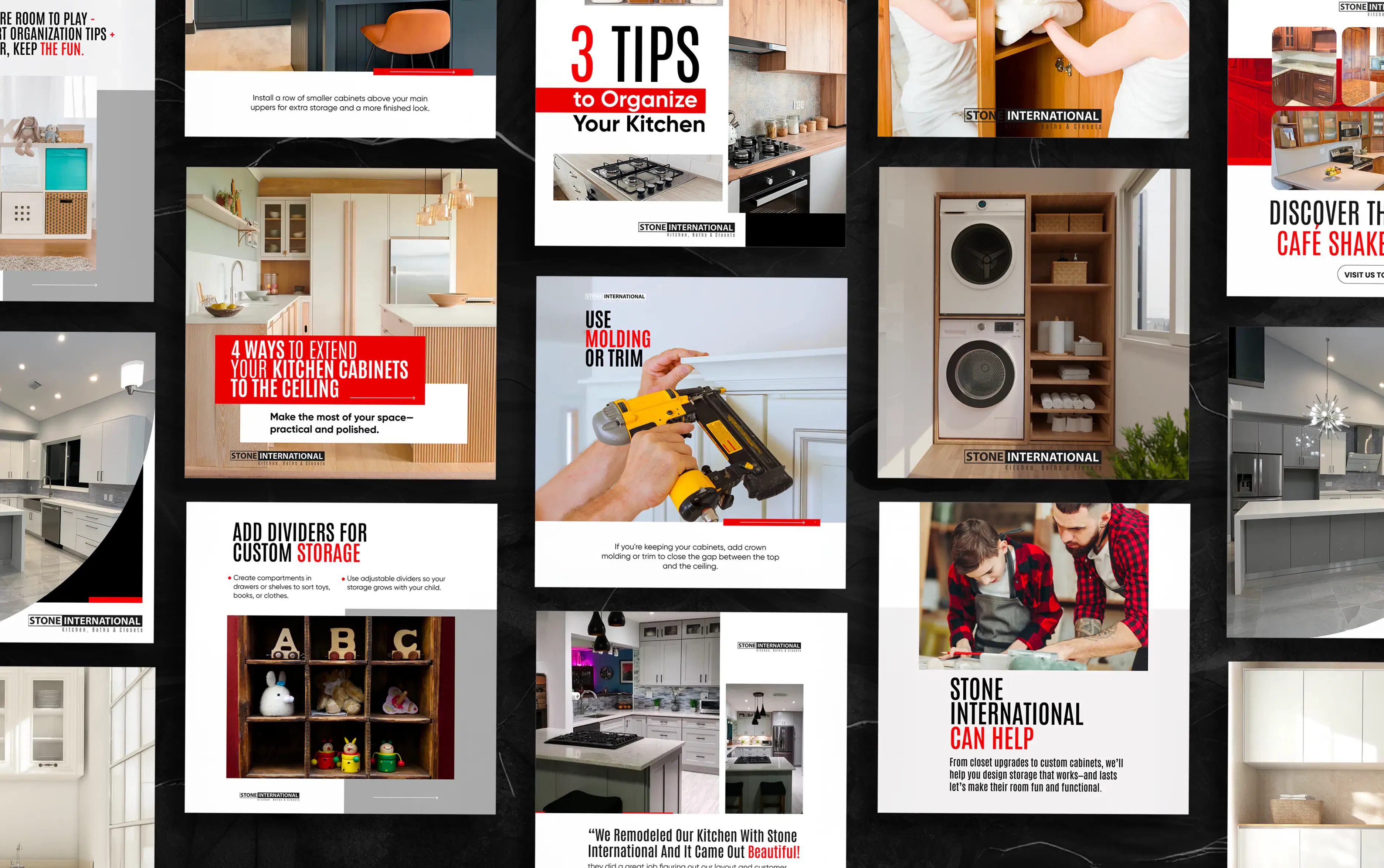 Collage of home interior design tips with kitchen, laundry, and family imagery.