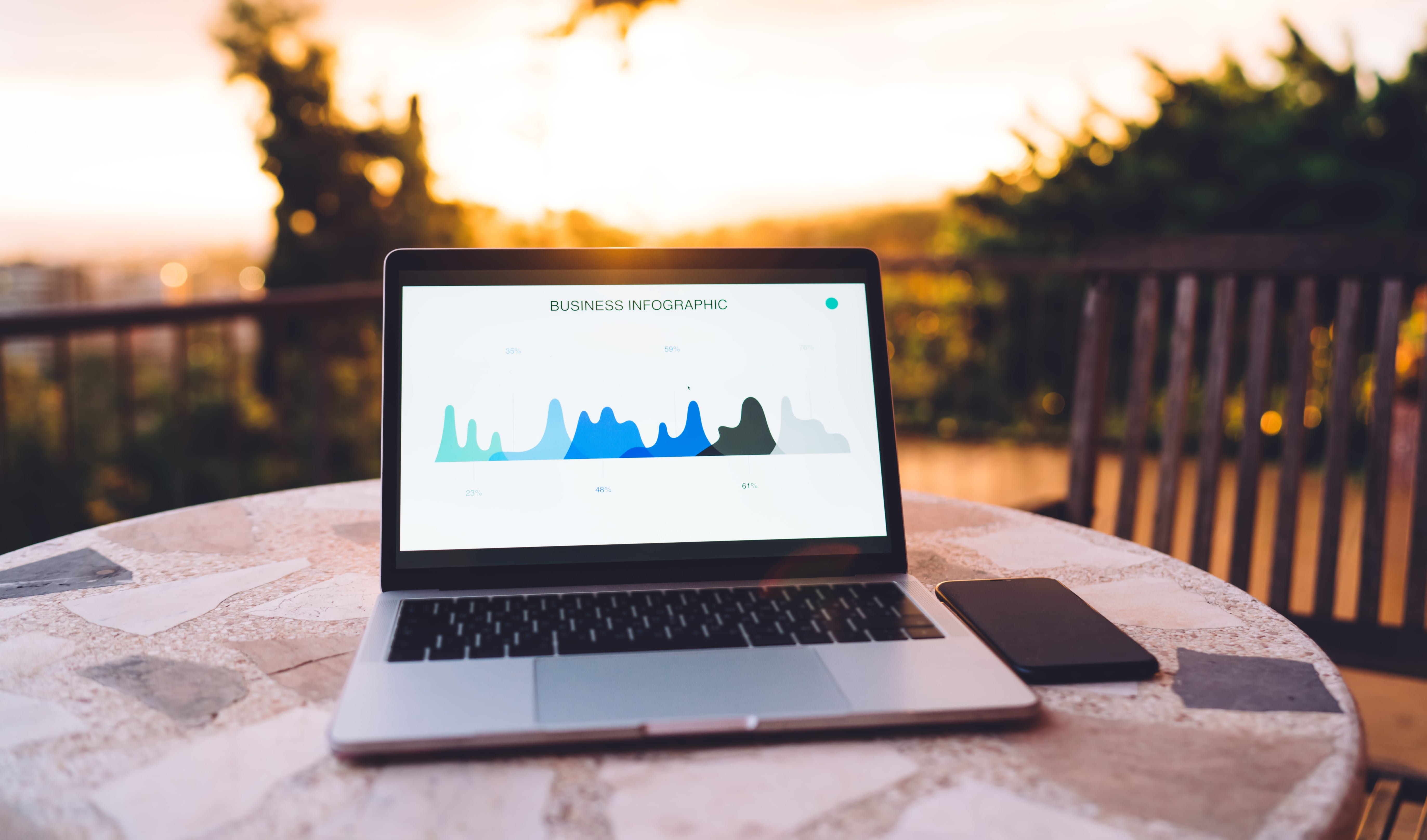 Laptop with data analytics graph outdoors at sunset
