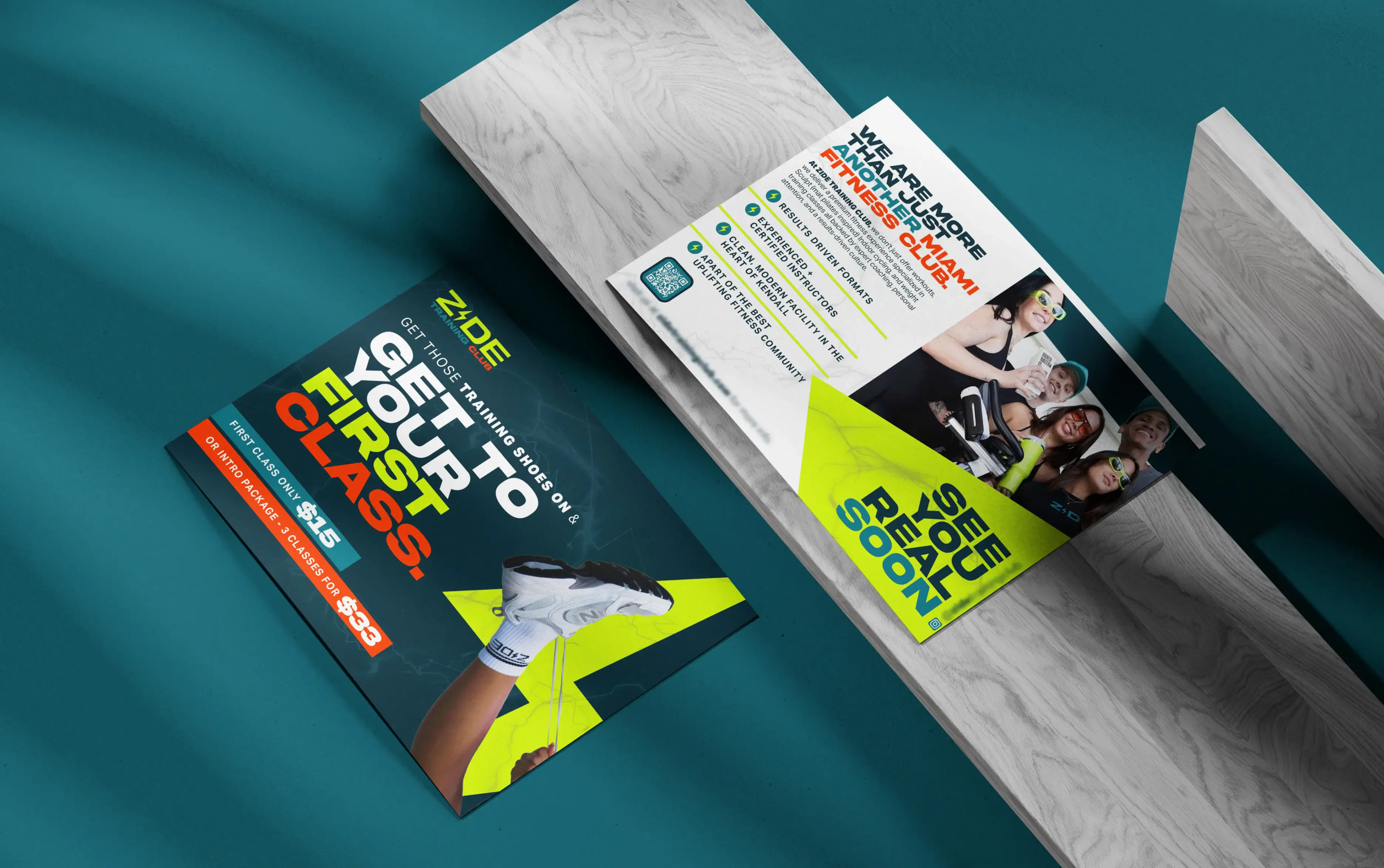 Neon green black sports shoes on fitness flyers